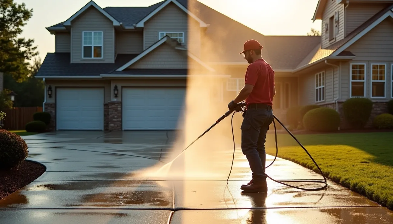 Professional power washing a residential driveway, showing a clear difference between cleaned and dirty surfaces at sunset.