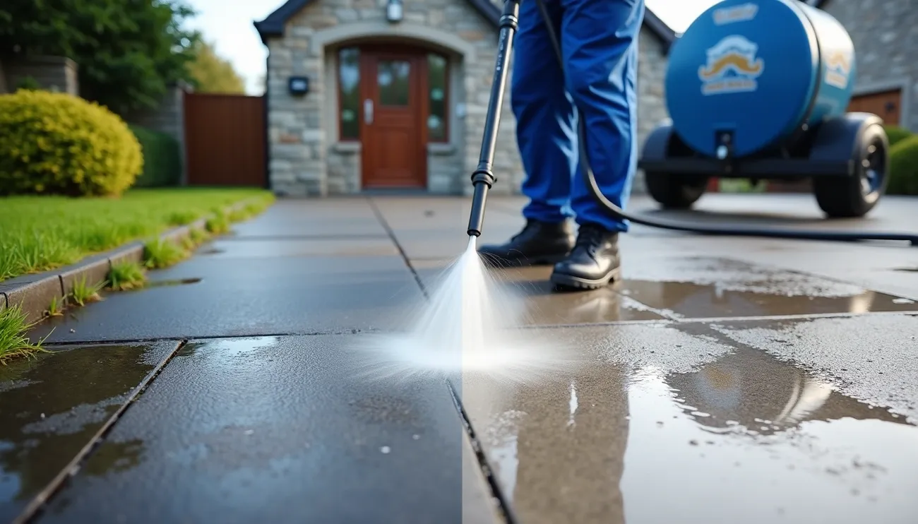 Professional power washer cleaning a stone driveway in front of a house with visible before and after results.