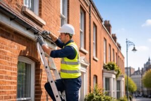 A maintenance worker inspecting the exterior of a brick building in a Dublin urban setting.
