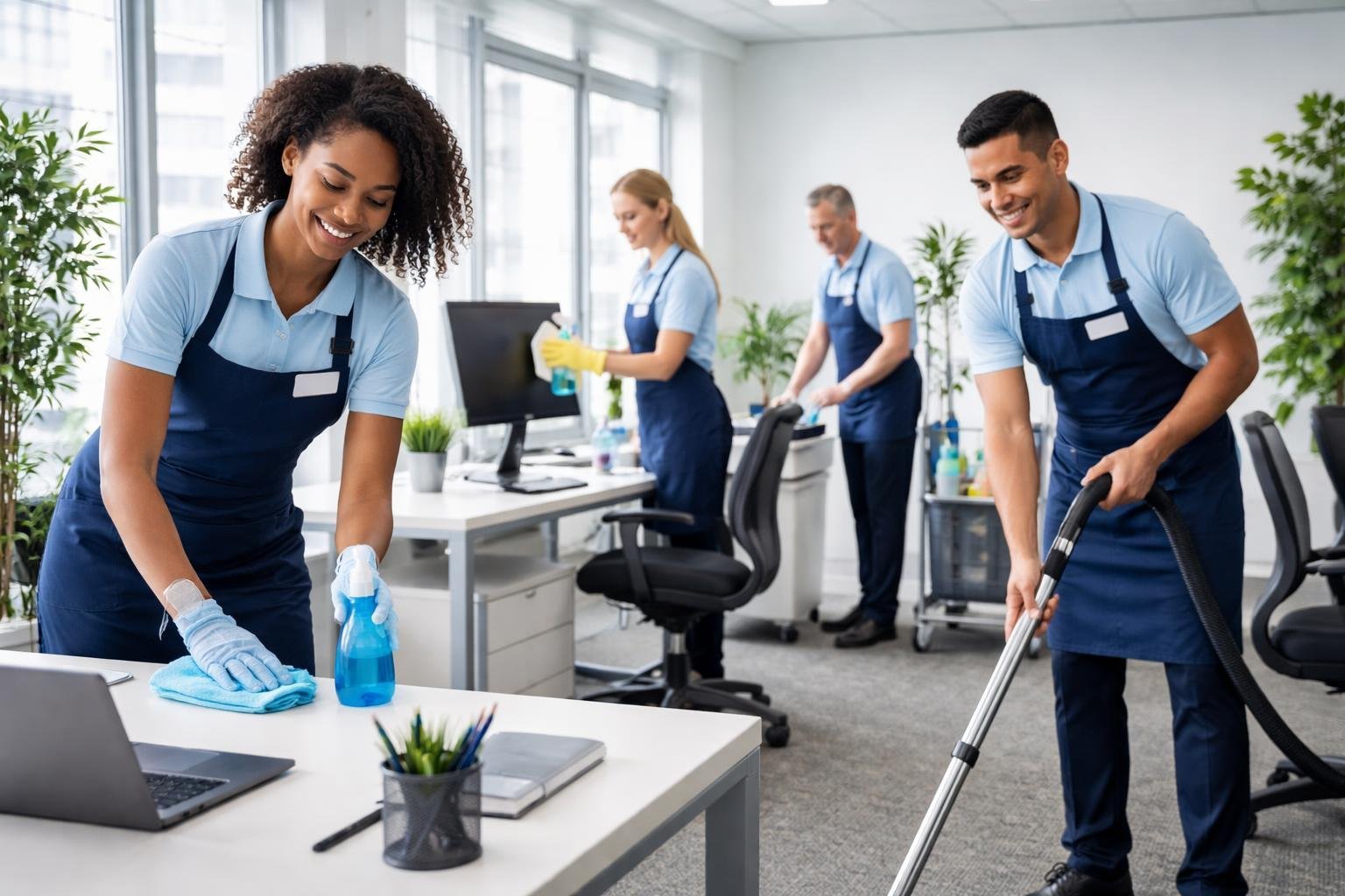 Commercial Housekeeping Services: Expert Solutions for Businesses 1 A team of commercial housekeeping staff cleaning a modern office with desks, chairs, and plants.