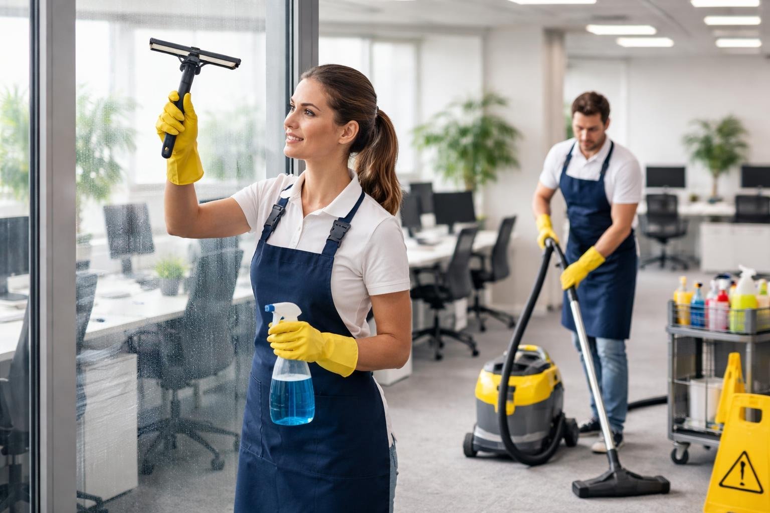 Commercial Housekeeping Services: Expert Solutions for Businesses 2 A professional cleaner cleaning a glass window in a modern office while another vacuum cleans the carpet, showing a clean and organized workspace.