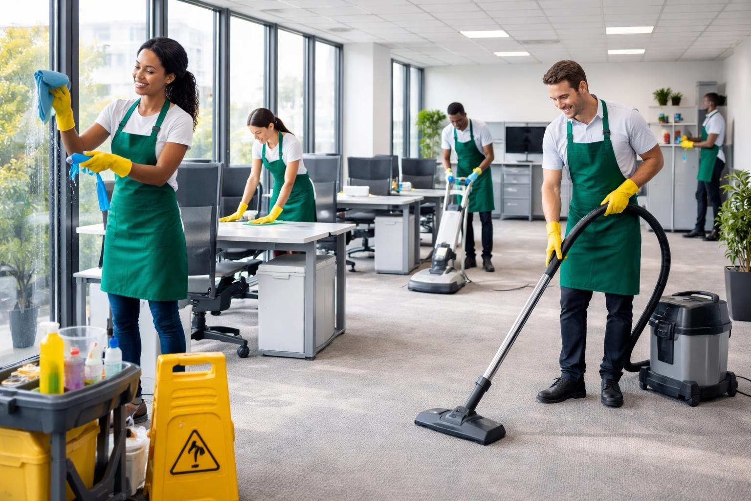 Commercial Housekeeping Services: Expert Solutions for Businesses 3 A team of commercial cleaners working together in a modern office, cleaning desks, windows, and floors.